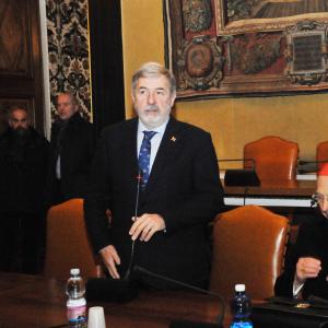 L'augurio ai dipendenti di CMGE, Il sindaco Marco Bucci ed il cardinale Angelo Bagnasco