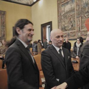 L'augurio ai dipendenti di CMGE, Il consigliere delegato Enrico Pignone, il consigliere delegato Stefano Anzalone ed il cardinale Angelo Bagnasco (12)