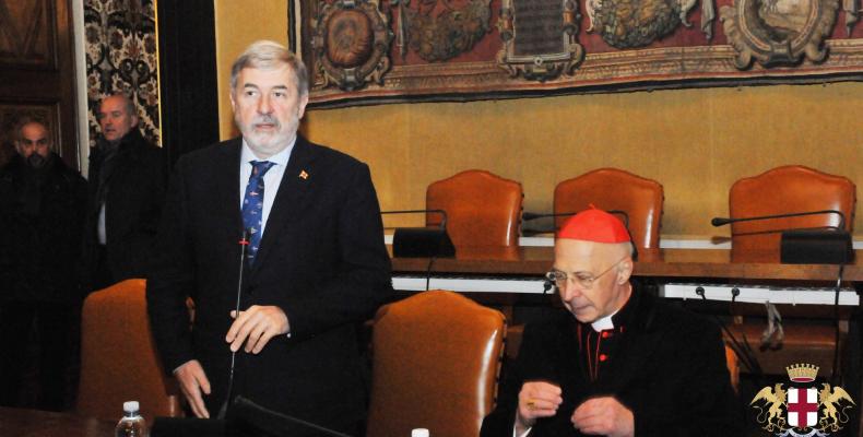 L'augurio ai dipendenti di CMGE, Il sindaco Marco Bucci ed il cardinale Angelo Bagnasco