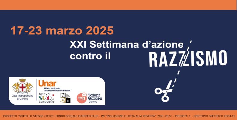 Locandina settimana d'azione contro il razzismo (l'immagine rappresenta una forbice che taglia in due la parola razzismo)